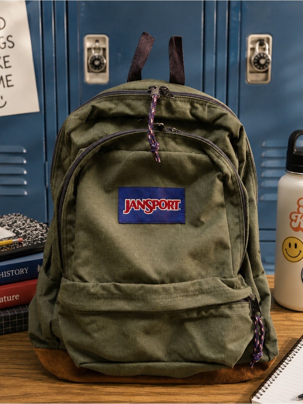 90’s Jansport Olive Green Canvas Backpack w/Brown Suede Base Large